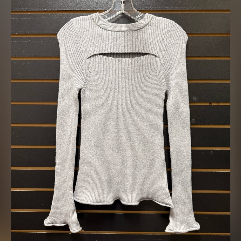 Cotton Emporium Ribbed Knit Cutout Sweater Top Gray Long Sleeve Size L